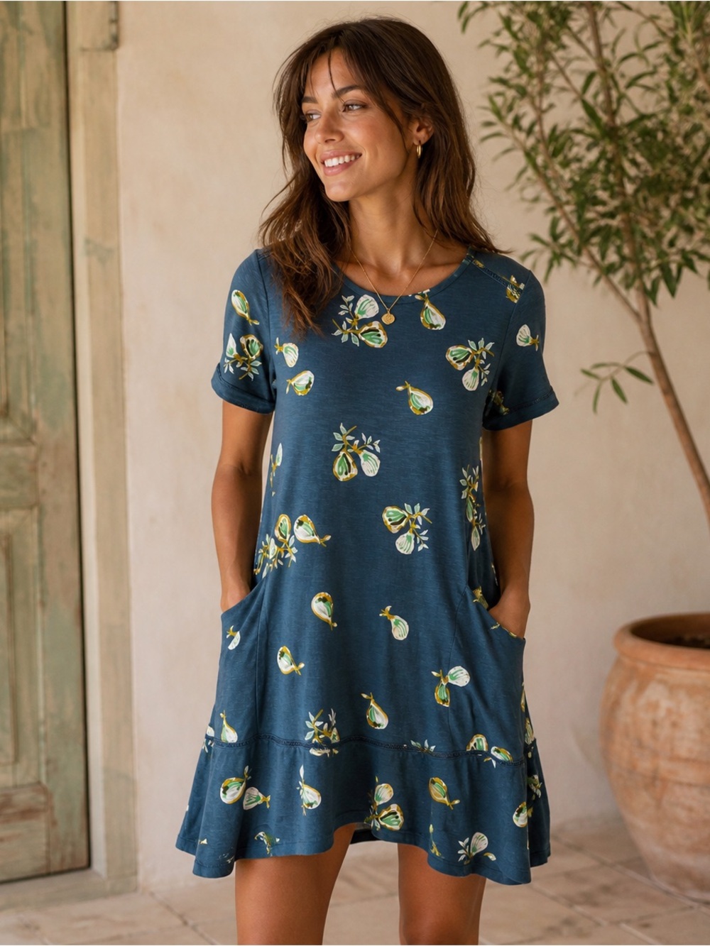 Fatface Women’s Fig Print Simone Dress Teal Short‎ Sleeve Jersey Knit Sz 10R